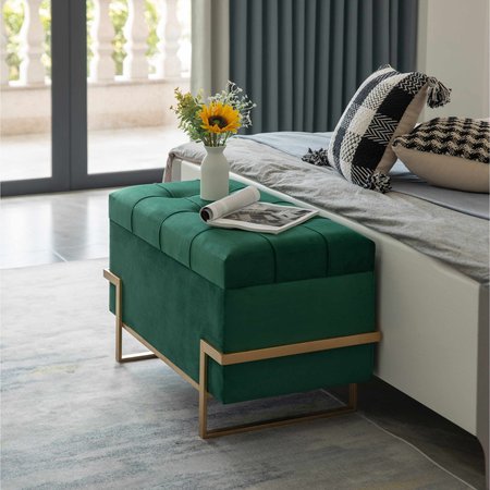 Fabulaxe Velvet Storage Ottoman Stool Box with Abstract Golden Legs - Decorative Sitting Bench, Green Large QI003939.GN.L